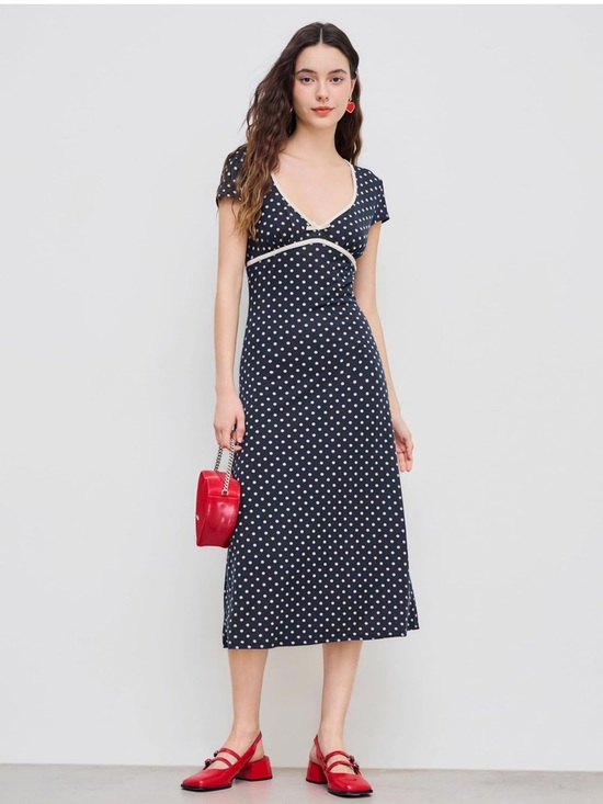Cider Dresses & Skirts - NWT. Cider Navy and White Polka Dot V-Neck Midi Dress